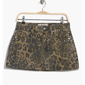 PTCL Leopard Print Denim Miniskirt Black & Khaki Silver Studs Medium NWT Grunge